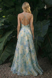 Light Green Floral Long A Line Backless Halter Formal Dress