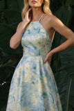 Light Green Floral Long A Line Backless Halter Formal Dress