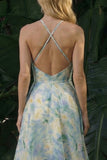 Light Green Floral Long A Line Backless Halter Formal Dress