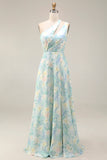 Light Green A Line One Shoulder Cut Out Long Floral Dress with Slit