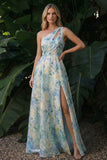 Light Green A Line Cut Out Long Floral Formal Dress with Slit