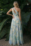 Light Green A Line Cut Out Long Floral Formal Dress with Slit