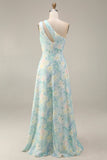 Light Green A Line One Shoulder Cut Out Long Floral Dress with Slit