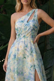 Light Green A Line Cut Out Long Floral Formal Dress with Slit