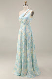 Light Green A Line One Shoulder Cut Out Long Floral Dress with Slit