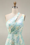 Light Green A Line One Shoulder Cut Out Long Floral Dress with Slit