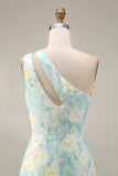 Light Green A Line One Shoulder Cut Out Long Floral Dress with Slit
