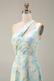 Light Green A Line One Shoulder Cut Out Long Floral Dress with Slit