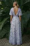 Light Purple V-Neck Backless Long Floral A Line Formal Dress