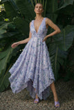 Light Purple Floral Asymmetrical A Line Backless Formal Dress