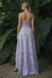 Light Purple Strapless Floral Asymmetrical A Line Formal Dress