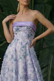 Light Purple Strapless Floral Asymmetrical A Line Formal Dress