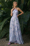 Light Purple Long Floral A Line Halter Backless Formal Dress with Cape
