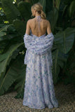 Light Purple Long Floral A Line Halter Backless Formal Dress with Cape