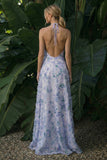 Light Purple Long Floral A Line Halter Backless Formal Dress with Cape