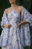Light Purple Long Floral A Line Halter Backless Formal Dress with Cape