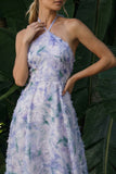 Light Purple Long Floral A Line Halter Backless Formal Dress with Cape