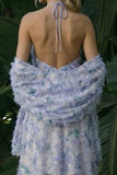 Light Purple Long Floral A Line Halter Backless Formal Dress with Cape
