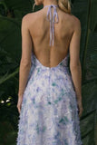 Light Purple Long Floral A Line Halter Backless Formal Dress with Cape