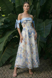 Light Blue Strapless Long A Line Floral Dress with Bows