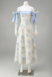 Light Blue Strapless Long A Line Floral Dress with Bows