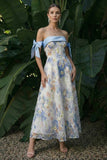 Light Blue Long Floral A Line Formal Dress with Bows