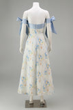 Light Blue Strapless Long A Line Floral Dress with Bows