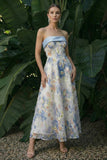 Light Blue Long Floral A Line Formal Dress with Bows