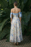 Light Blue Long Floral A Line Formal Dress with Bows