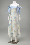 Light Blue Strapless Long A Line Floral Dress with Bows