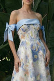 Light Blue Long Floral A Line Formal Dress with Bows