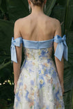 Light Blue Long Floral A Line Formal Dress with Bows