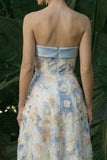 Light Blue Long Floral A Line Formal Dress with Bows