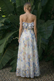 Light Blue A Line Ruffled Floral Long Formal Dress