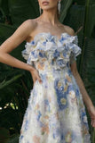 Light Blue A Line Ruffled Floral Long Formal Dress