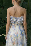 Light Blue A Line Ruffled Floral Long Formal Dress