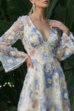 Light Blue A Line Long Sleeves V-Neck Floral Dress