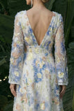 Light Blue A Line Long Sleeves V-Neck Floral Dress