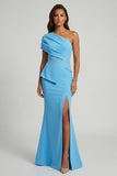 Sky Blue One Shoulder Mermaid Beaded Long Mother of the Bride Dress with Slit