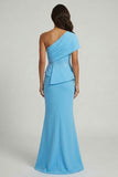Sky Blue One Shoulder Mermaid Beaded Long Mother of the Bride Dress with Slit