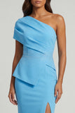 Sky Blue One Shoulder Mermaid Beaded Long Mother of the Bride Dress with Slit