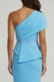 Sky Blue One Shoulder Mermaid Beaded Long Mother of the Bride Dress with Slit