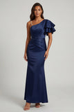 Navy Mermaid Beaded Pearls Long Mother of the Bride Dress with Flutter Sleeves