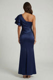 Navy Mermaid Beaded Pearls Long Mother of the Bride Dress with Flutter Sleeves