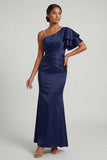 Navy Mermaid Beaded Pearls Long Mother of the Bride Dress with Flutter Sleeves