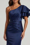 Navy Mermaid Beaded Pearls Long Mother of the Bride Dress with Flutter Sleeves