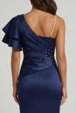 Navy Mermaid Beaded Pearls Long Mother of the Bride Dress with Flutter Sleeves