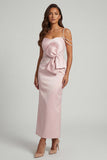 Blush Sheath Beaded Pearls Midi Mother of the Bride Dress with Bow