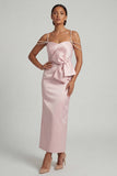 Blush Sheath Beaded Pearls Midi Mother of the Bride Dress with Bow