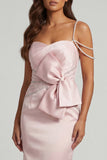 Blush Sheath Beaded Pearls Midi Mother of the Bride Dress with Bow